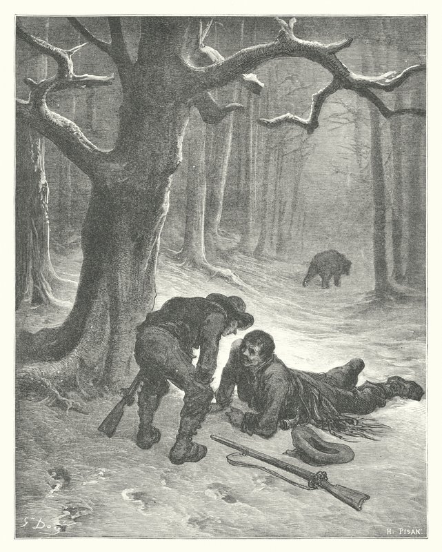 As Fábulas de La Fontaine: O Urso e os Dois Amigos (gravura) de Gustave Dore