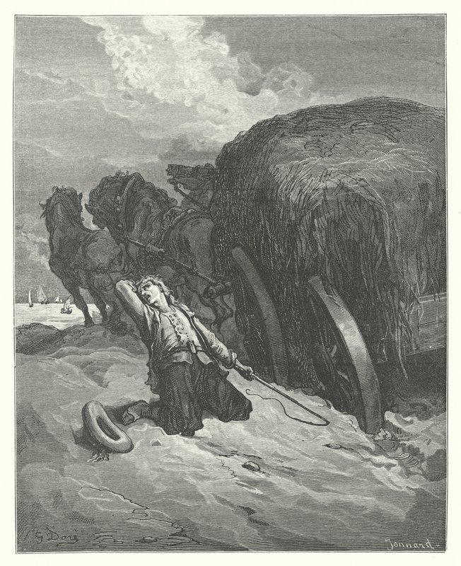 As Fábulas de La Fontaine: O carro preso na lama (gravura) de Gustave Dore