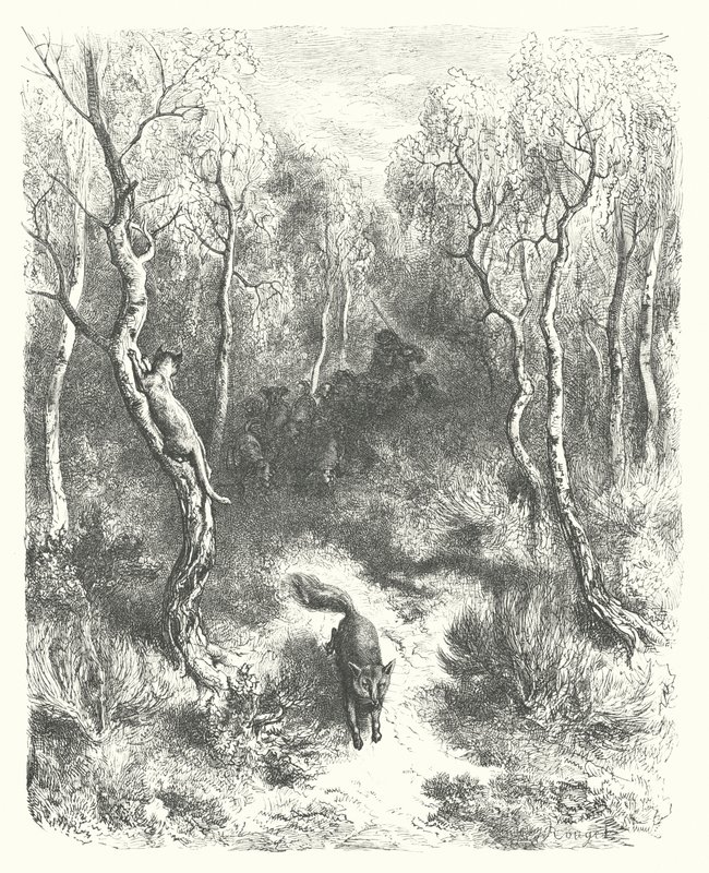 As Fábulas de La Fontaine: O Gato e a Raposa (gravura) de Gustave Dore