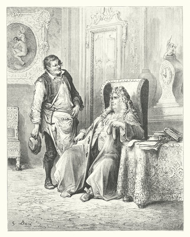As Fábulas de La Fontaine: O Cobrador e o Banqueiro (gravura) de Gustave Dore