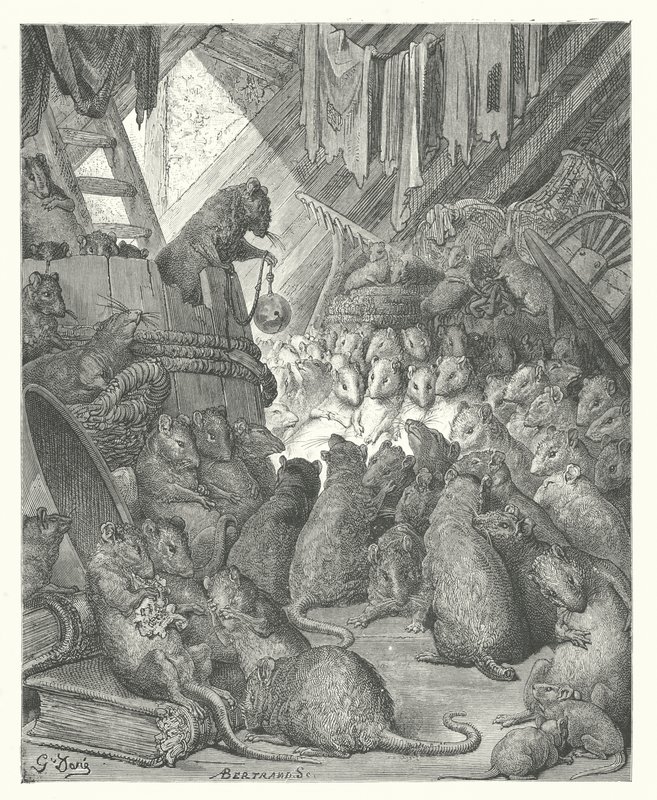 As Fábulas de La Fontaine: O Conselho dos Ratos (gravura) de Gustave Dore