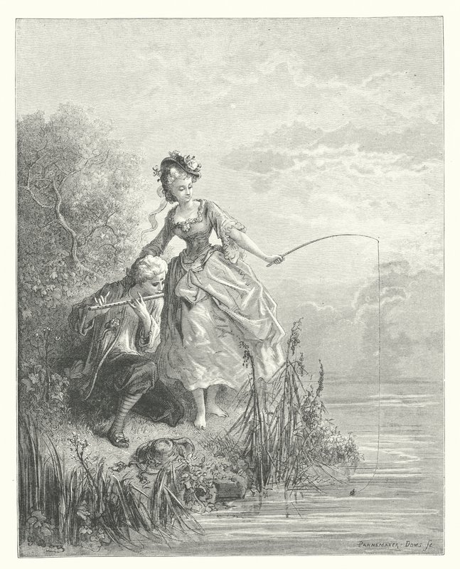 As Fábulas de La Fontaine: O peixe e o pastor que tocava clarinete (gravura) de Gustave Dore