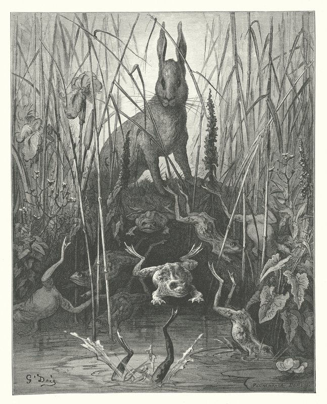 As Fábulas de La Fontaine: A lebre e as rãs (gravura) de Gustave Dore