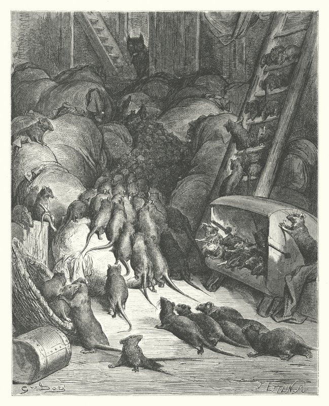 As Fábulas de La Fontaine: A Liga dos Ratos (gravura) de Gustave Dore