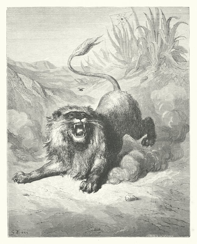 As Fábulas de La Fontaine: O Leão e o mosquito (gravura) de Gustave Dore