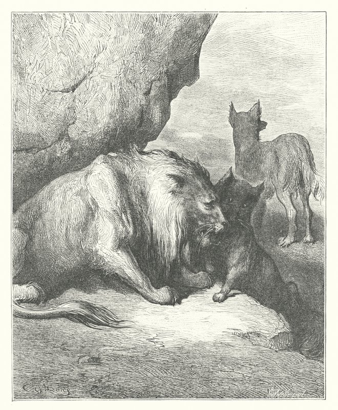 As Fábulas de La Fontaine: O Leão, o Lobo e a Raposa (gravura) de Gustave Dore