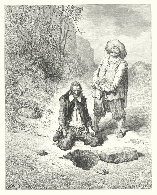 As Fábulas de La Fontaine: O avarento que perdeu o seu tesouro (gravura) de Gustave Dore