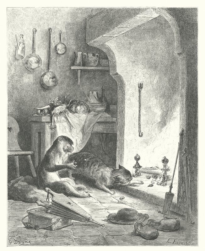 As Fábulas de La Fontaine: O macaco e o gato (gravura) de Gustave Dore