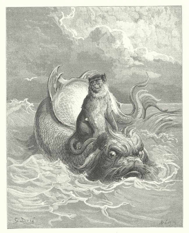 As Fábulas de La Fontaine: O macaco e o golfinho (gravura) de Gustave Dore