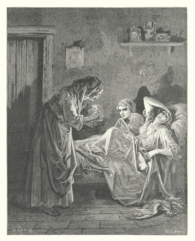 As Fábulas de La Fontaine: A velha e os seus servos (gravura) de Gustave Dore