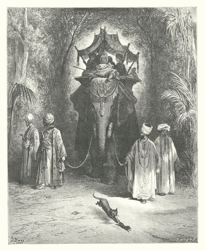 As Fábulas de La Fontaine: O rato e o elefante (gravura) de Gustave Dore