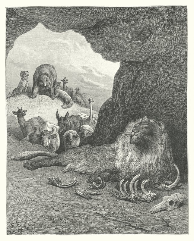 As Fábulas de La Fontaine: O Leão Doente e a Raposa (gravura) de Gustave Dore