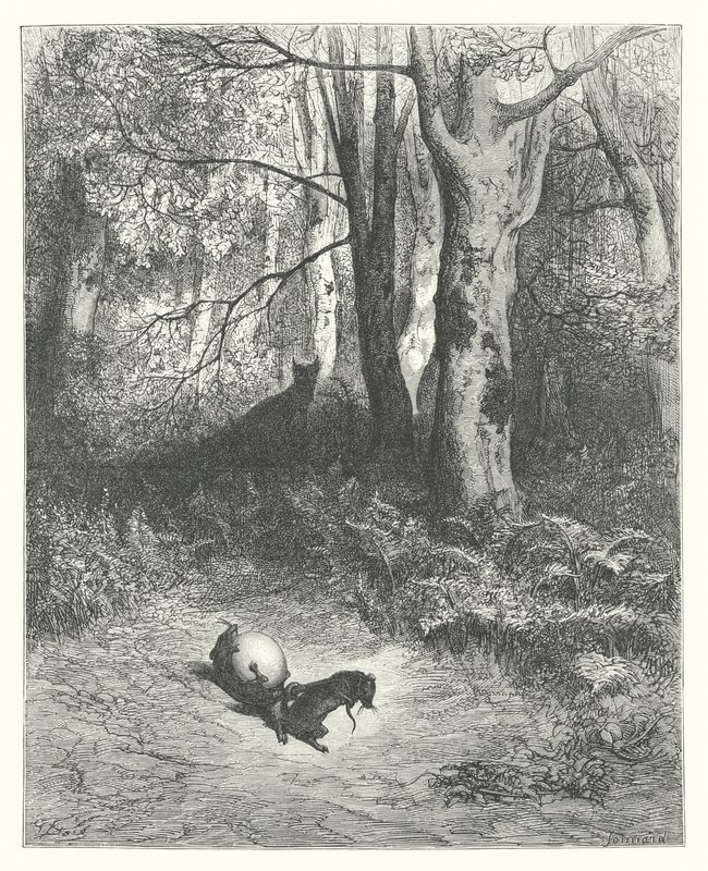 As Fábulas de La Fontaine: Os dois ratos, a raposa e o ovo (gravura) de Gustave Dore