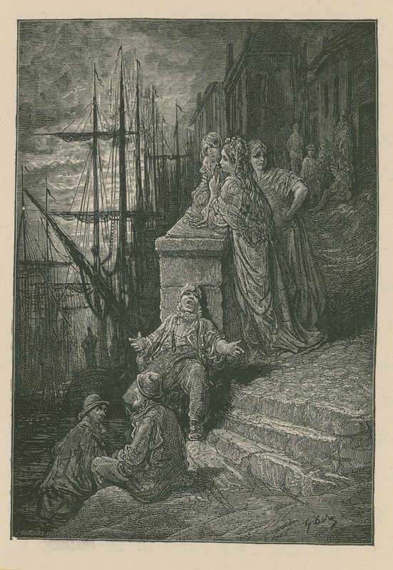 Família do Waterman em um lance de escadas pelo rio Tamisa de Gustave Dore