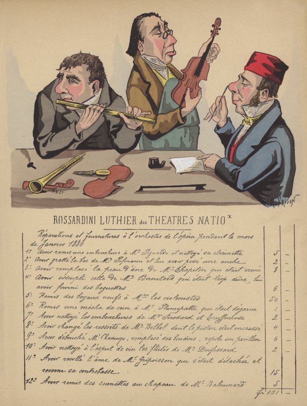 Bill para instrumentos musicais para a orquestra da ópera (lito a cores) de Gustave Frison