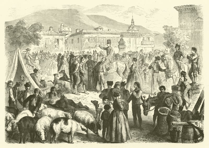 Feira anual da cidade de Alcalá, Espanha (gravura) de Gustave Janet