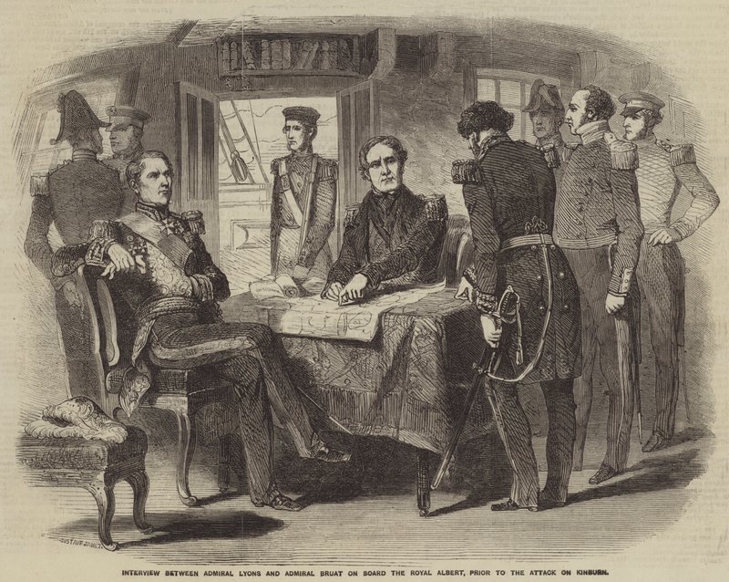 Entrevista entre o almirante Lyons e o almirante Bruat a bordo do Royal Albert, antes do ataque a Kinburn de Gustave Janet