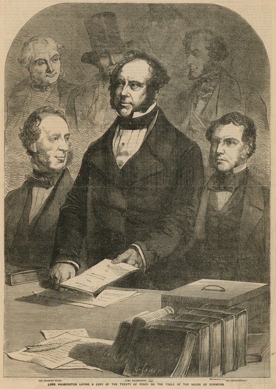 Lord Palmerston colocando uma cópia do Tratado de Paz sobre a mesa da Câmara dos Comuns de Gustave Janet