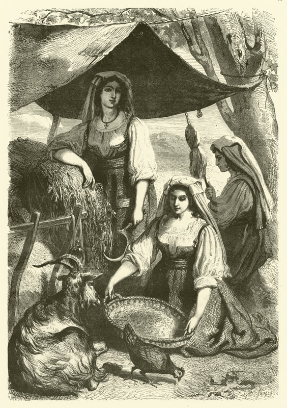 Mulheres vendendo feno a carroceiros na beira da estrada, Itália (gravura) de Gustave Janet