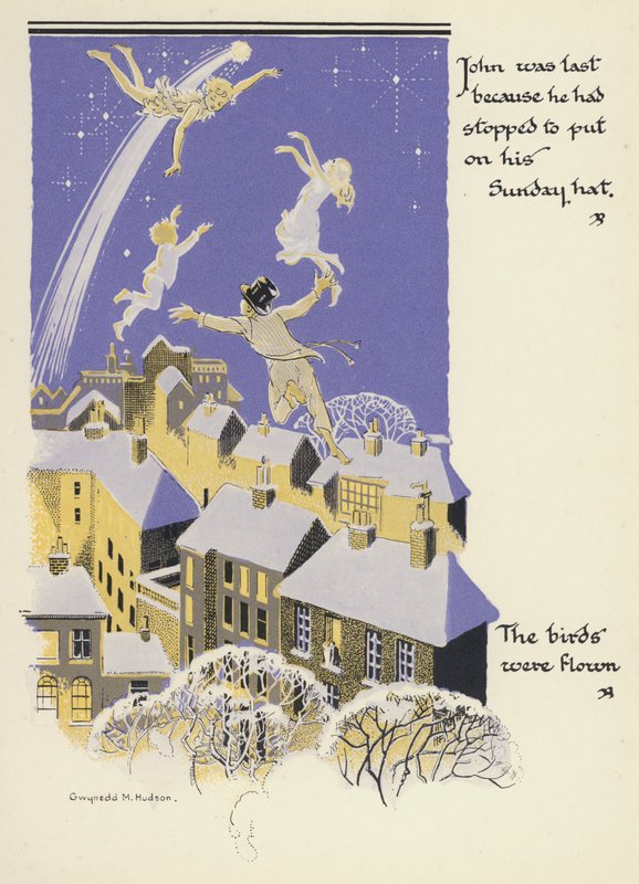 Peter Pan e Wendy: John foi o último porque tinha parado para pôr o seu chapéu de domingo, Os pássaros foram voados (cor litho) de Gwynedd M. Hudson