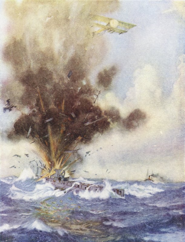 O líder do esquadrão Arthur Bigsworth ataca com bombas um submarino alemão, que enche e afunda Ostende, Bélgica, 26 de agosto de 1915 de H. G. Swanwick