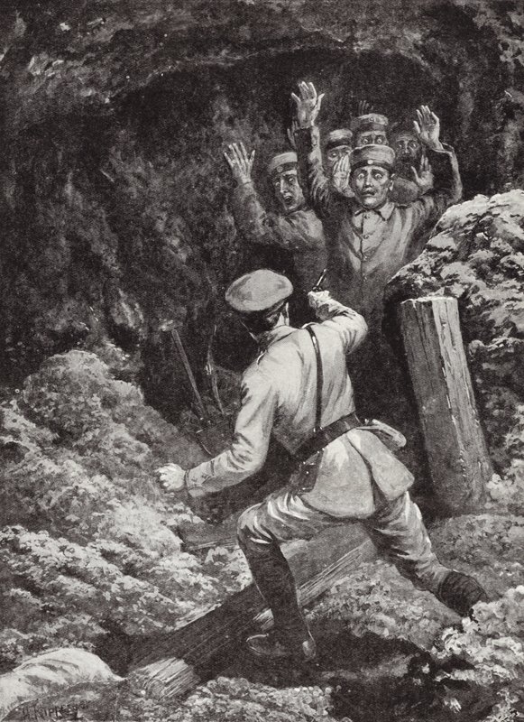Tenente Morland fazendo prisioneiros de dezoito alemães em uma mina em Givenchy, França, maio de 1915 de H. Ripperger