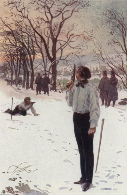 Henri, parado e cobrindo o rosto com a sua pistola, estava à espera (cor litho) de H. Delaspre