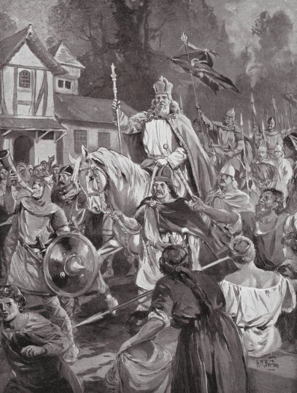 Carlos Magno de regresso a Bruxelas, a sua sede de família (litografia) de H. M. (after) Burton