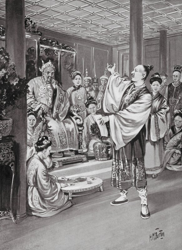Li Po a recitar perante o Imperador (litografia) de H. M. (after) Burton