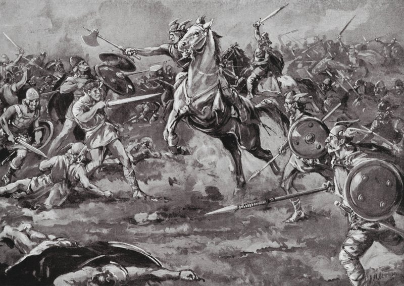 Os francos ajudam a derrotar os hunos (litografia) de H. M. (after) Burton