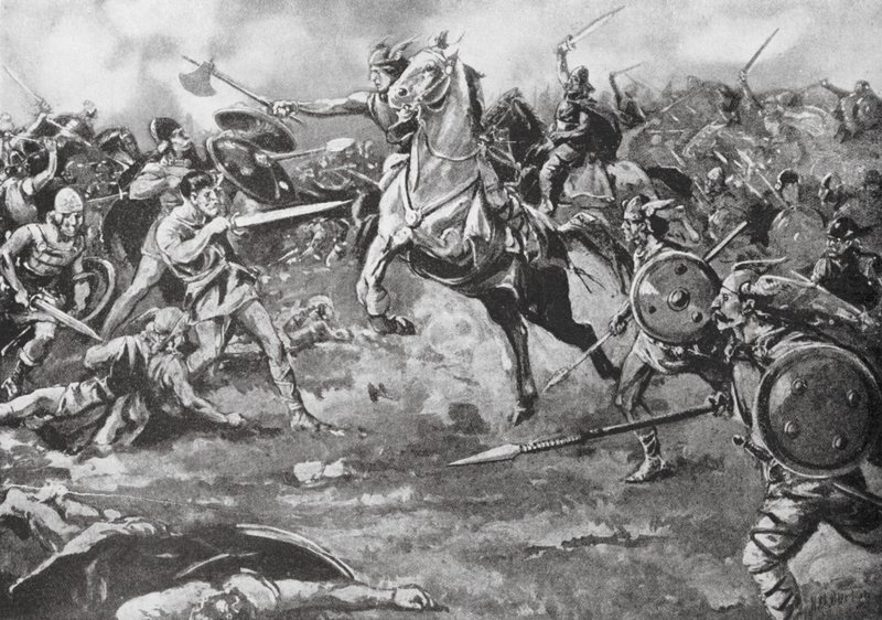 Os francos ajudam a derrotar os hunos (litografia) de H. M. (after) Burton