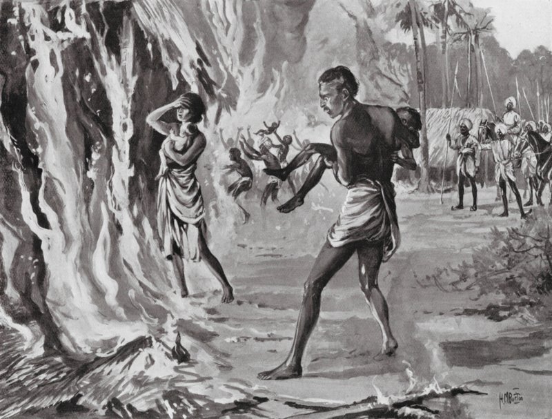Aldeões que se queimam para evitar os Pindharis de H. M. (after) Burton