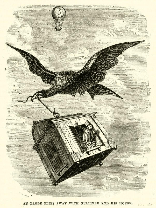Uma águia voa com Gulliver e a sua casa (gravura) de after Hablot Knight Browne
