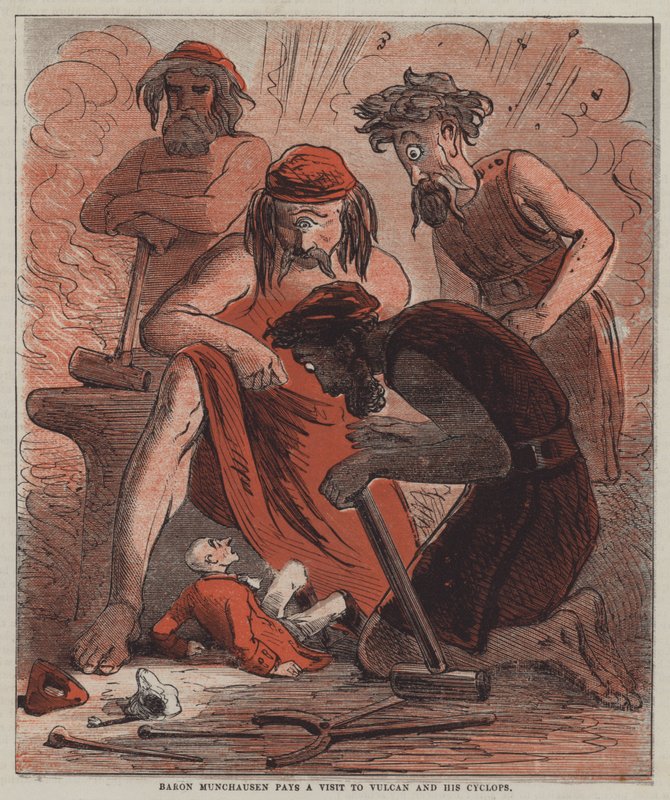 Barão Munchausen faz uma visita a Vulcano e seu Ciclope (cor litho) de after Hablot Knight Browne