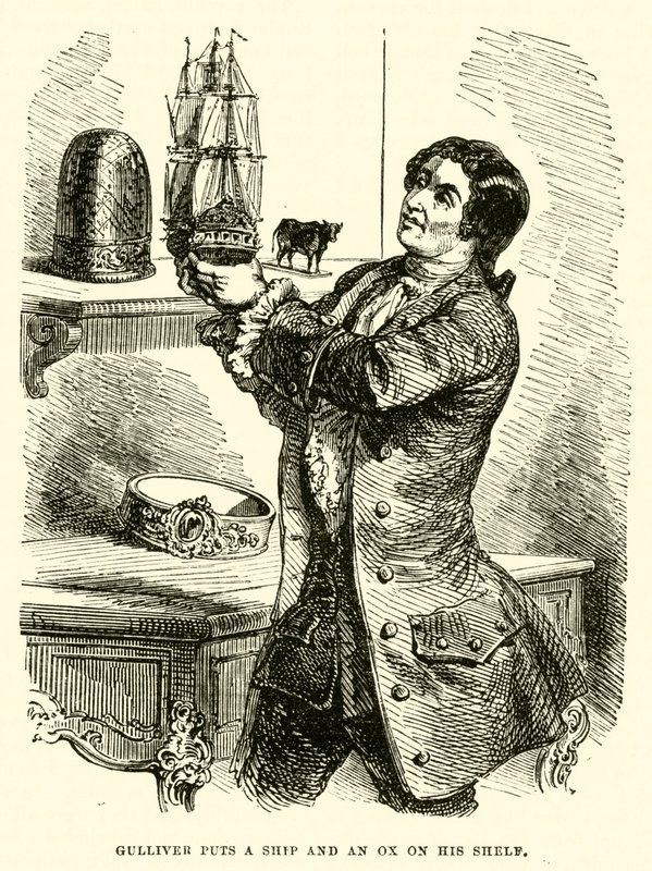 Gulliver coloca um navio e um boi na sua prateleira (gravação) de after Hablot Knight Browne