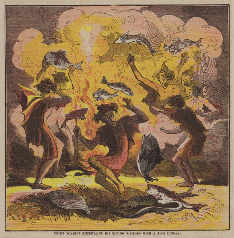 Peter Wilkins diverte os seus visitantes voadores com um jantar de peixe (cor litho) de after Hablot Knight Browne