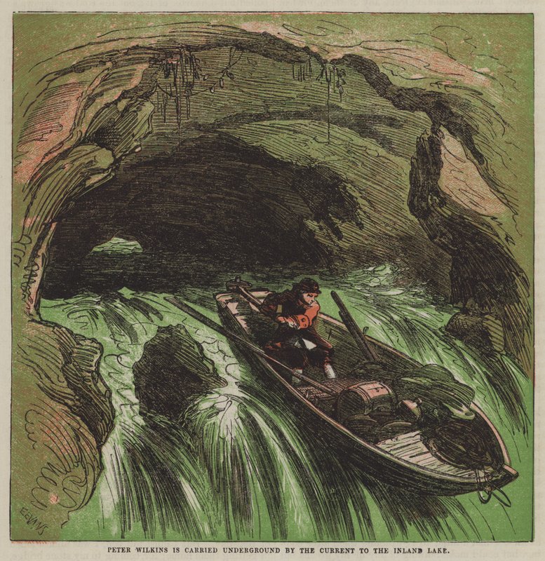 Peter Wilkins é levado para o subsolo pela correnteza até ao lago interior (cor litho) de after Hablot Knight Browne