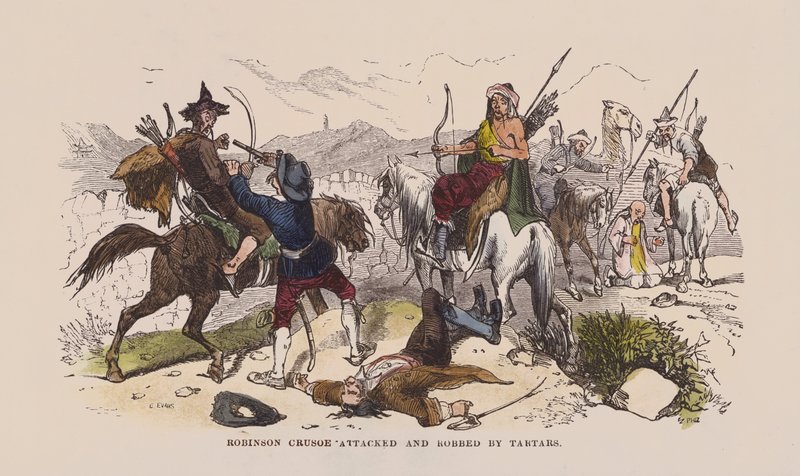 Robinson Crusoe atacado e roubado por Tártaros (gravura colorida) de after Hablot Knight Browne