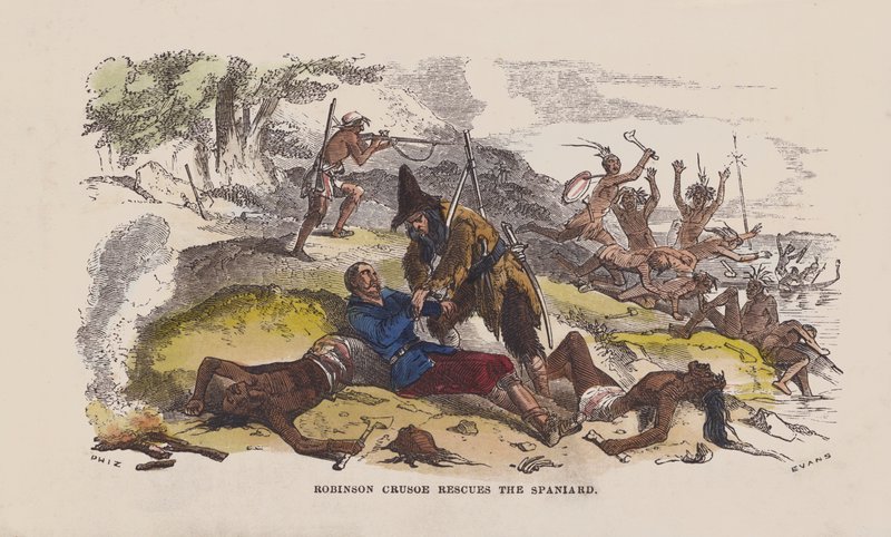 Robinson Crusoe resgata o espanhol (gravura colorida) de after Hablot Knight Browne