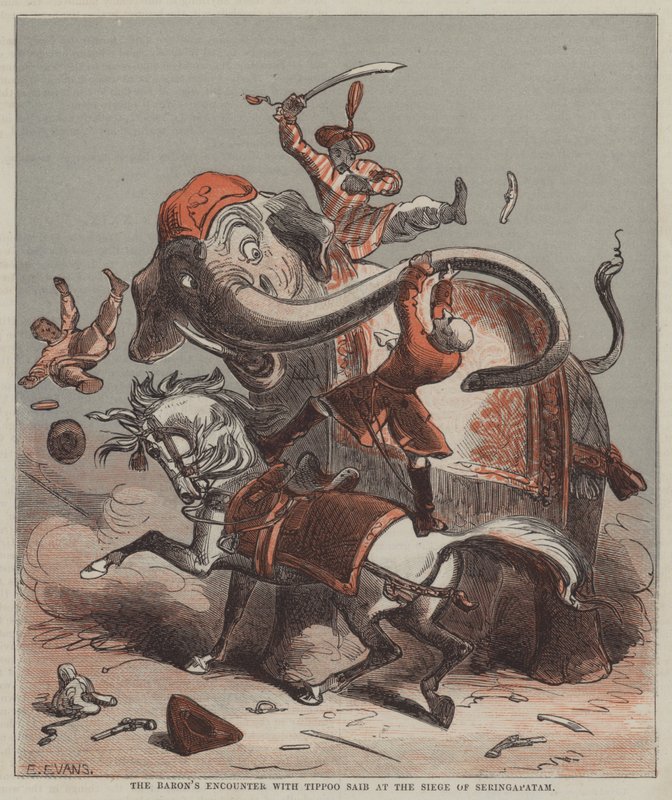 O encontro do Barão com Tippoo Saib no cerco de Seringapatam (cor litho) de after Hablot Knight Browne