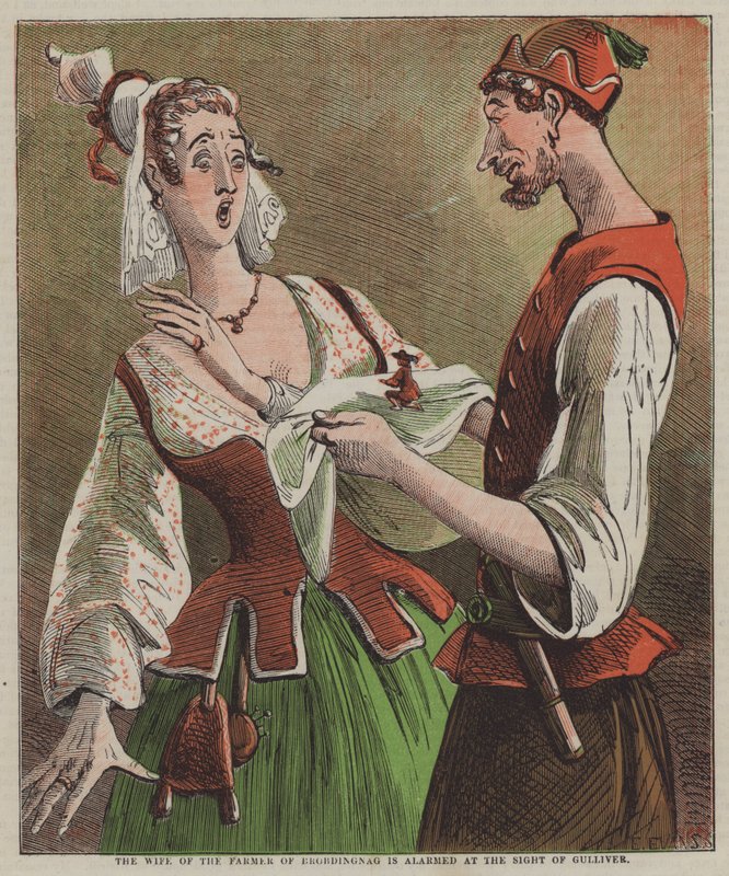 A esposa do fazendeiro de Brobdingnag fica alarmada com a visão de Gulliver (cor litho) de after Hablot Knight Browne