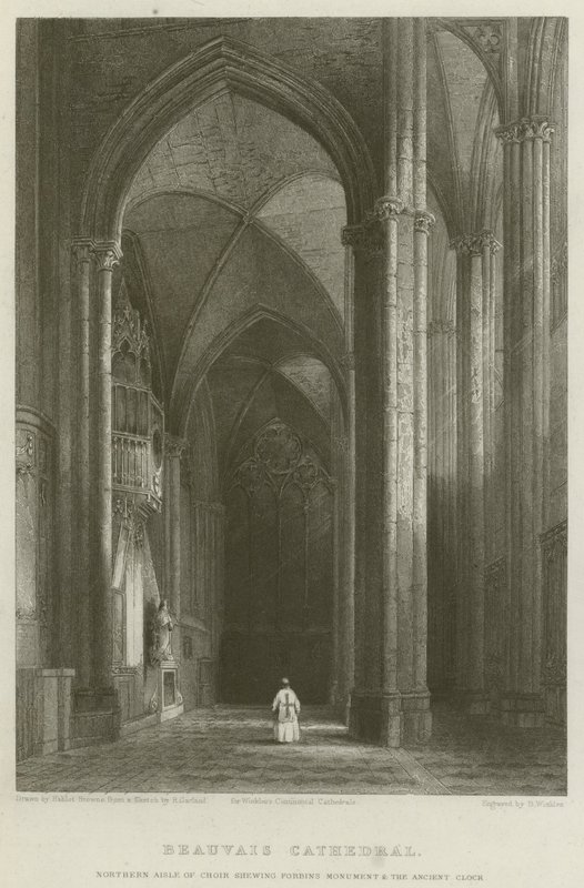 Beauvais Cathedral, corredor do norte do coro que mostra o monumento de Forbins e o pulso de disparo antigo de Hablot Knight Browne