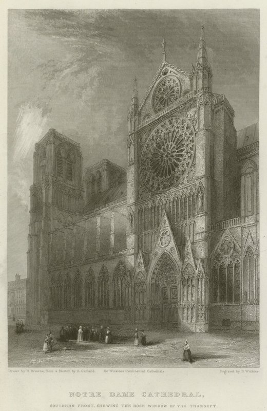Catedral notre dame, frente sul, shewing, a, janela rosa, de, a, transept de Hablot Knight Browne