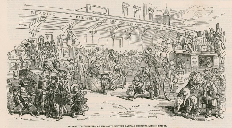 The Great Cab Strike: A corrida para os ônibus, no sudeste da Ferrovia Terminus, London Bridge de Hablot Knight Browne