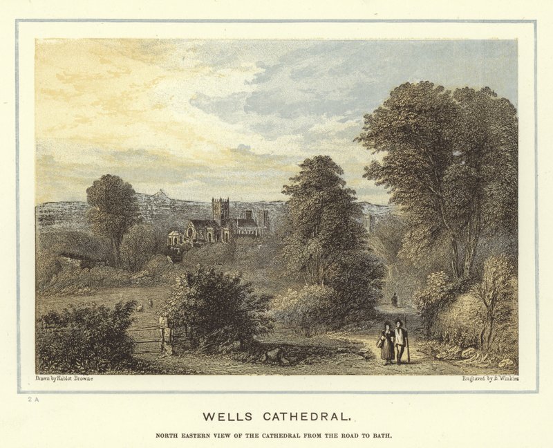 Wells Cathedral, vista nordeste da catedral da estrada para o banho de Hablot Knight Browne