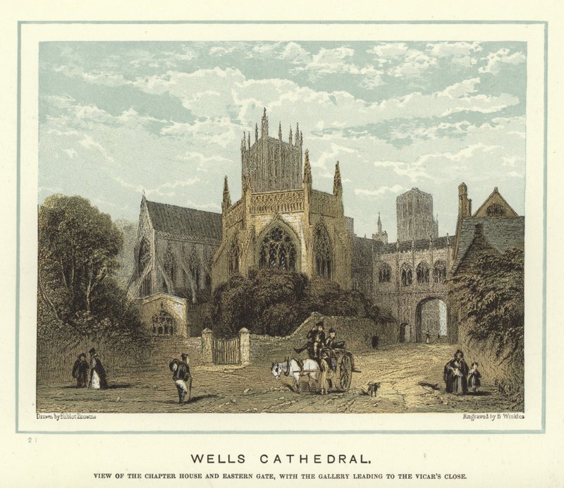 Wells Cathedral, vista da casa do capítulo e portão oriental, com a galeria que leva ao Vigário Close de Hablot Knight Browne