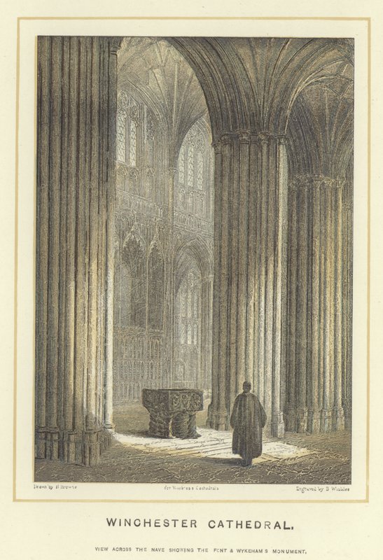 Catedral de Winchester, vista do outro lado da nave, mostrando a frente e o monumento Wykehams de Hablot Knight Browne