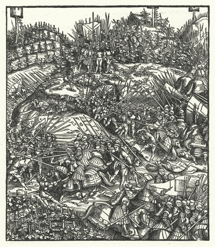 O Arquiduque Maximiliano da Áustria e o seu exército a combater os franceses de Hans (after) Burgkmair