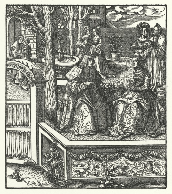 Arquiduque Maximiliano da Áustria e sua esposa, Mary of Burgundy, ensinando um ao outro suas respectivas línguas (gravura) de Hans (after) Burgkmair
