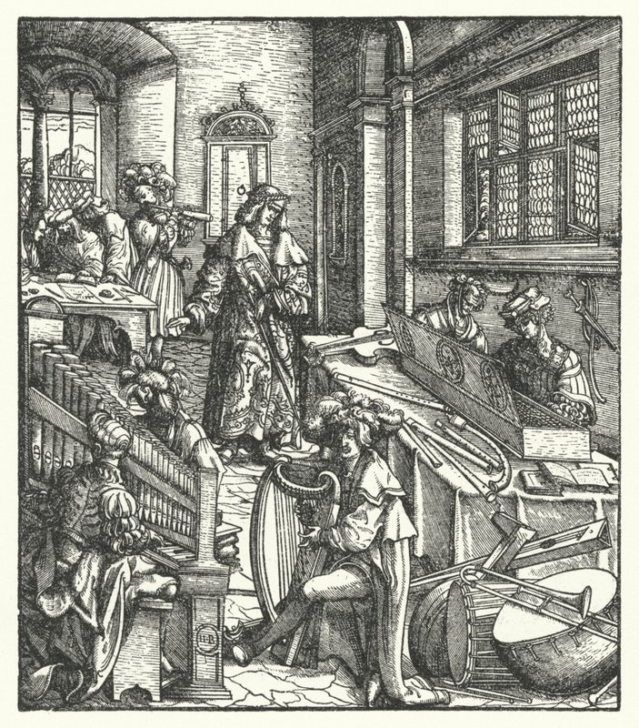 Arquiduque Maximiliano da Áustria como patrono da música (gravura) de Hans (after) Burgkmair